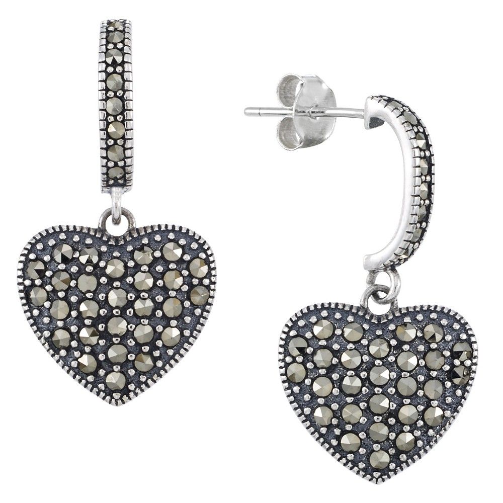 Marcasite C Hoops with Heart drop Earrings-Sterling Silver, Girl's, Light Silver | Target