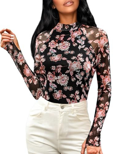 BemorRun Floral Mesh Top for Women Mock Neck Long Sleeve Floral Shirts Double Layered Going Out Tops Fall Outfits | Amazon (US)