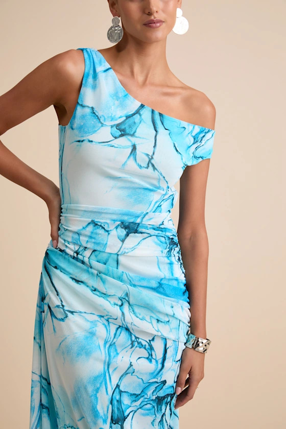 Jojo Light Blue Marbled Ruched One-Shoulder Maxi Dress | Lulus