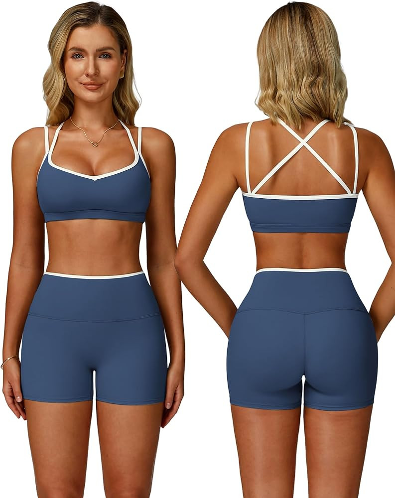 ABOCIW Workout Sets for Women 2 Piece Color Block Strappy Sports Bra High Waist Shorts Gym Yoga P... | Amazon (US)