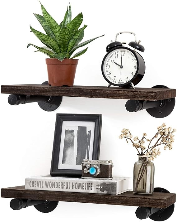Mkono Floating Shelves with Industrial Pipe Brackets Rustic Farmhouse Shelf Set of 2, Wall Mounte... | Amazon (US)