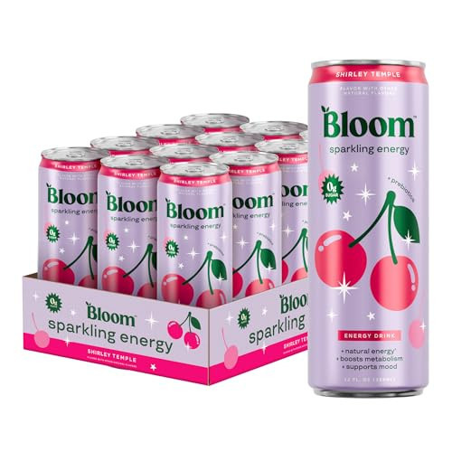 Bloom Nutrition Sparkling Energy Drink - Natural Caffeine, Zero Sugar, 180mg Caffeine - Antioxidant-Rich with Green Coffee Bean, Green Tea Extract, Prebiotics - Shirley Temple- 12oz 12 Pack | Amazon (US)