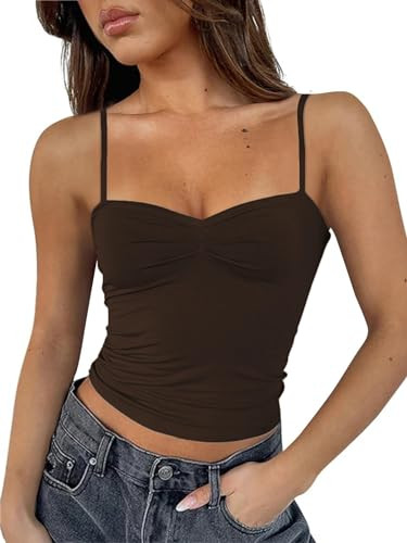 ForeFair Women Y2K Sweetheart Neck Sleeveless Crop Tank Tops Backless Spaghetti Strap Pleated Bustier Camis Going Out Top(S,Brown) | Amazon (US)
