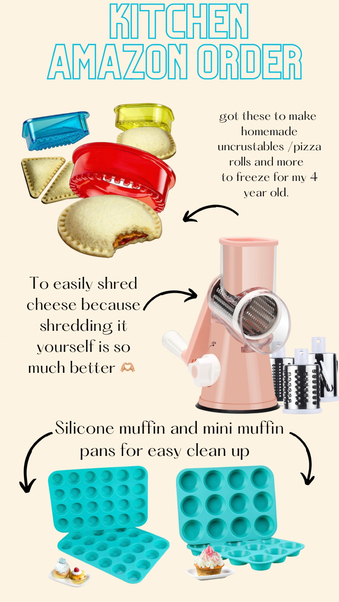 All of these are great kitchen gadgets for toddler meal ideas or kids meal ideas! 
- sandwich cutters 
I’ve made homemade uncrustables for years and I just used the top of a mason jar. These will use more of the bread, seal the sandwiches, and I love that there are different sizes so I can use the smaller ones for BLW when my little guy is older. 

- hand shredder 
Pre shredded cheese from the store contains a lot of fillers and preservatives you really shouldn’t have at all… but fresh shredded cheese is just so much better! I will also use this for apple fritters, potato fritters, hash browns and more! 

- I’ve used regular muffin and mini muffin pans for years with reusable silicone cupcake liners inside but I am NOT a fan of cleaning them so I decided to replace them with these silicone pans. They will have to have a cookie sheet or something underneath because they are not as sturdy but honestly that really beats having to scrub a pan! 😉 

#toddler #toddlermealideas #toddlermeal #healthytoddler #toddlerfood #mamatried #heathytoddlerfood #toddlerfoodie #foodie #kidsfood #babyfood  #shopping #amazon #amazonfavorites #amazonlinks #mamatried #toddlermusthaves #amazonmusthaves #amazonprime #prime @amazon #shopamazon #amazonassociate 

#LTKfamily #LTKkids #LTKbaby