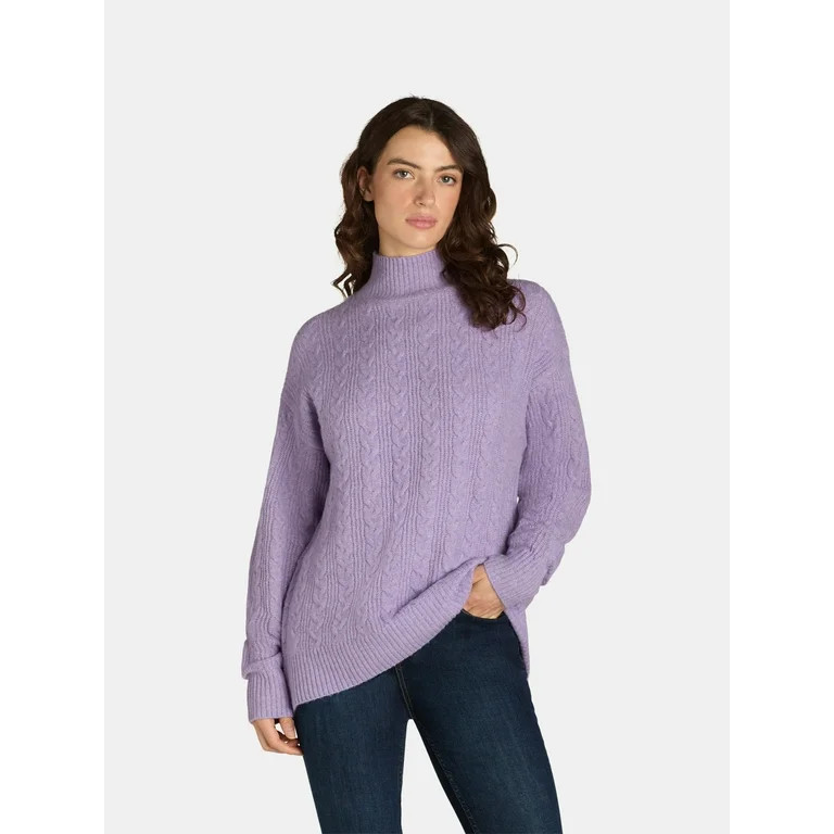 Time and Tru Women's and Women’s Plus Cable Knit Mock Neck Sweater, Sizes XS-3X | Walmart (US)