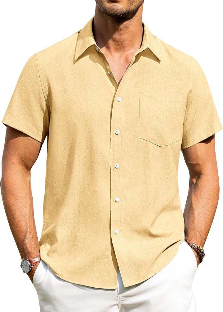 Alimens & Gentle Mens Linen Shirts Short Sleeve Button Down Shirts Wrinkle Free Casual Vacation B... | Amazon (US)