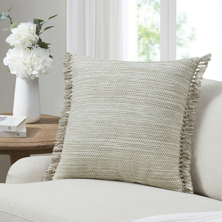 My Texas House 20" x 20" Taupe Alina Fringe Reversible Cotton Decorative Pillow | Walmart (US)