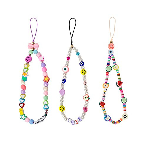 Ninelimi 3 Pieces Smile Face Beaded Phone Lanyard Wrist Strap Fruit Star Letter Pearl Handmade Rainbow Polymer Clay Acrylic Beads Pearl Bracelet Keychain for Women | Amazon (US)