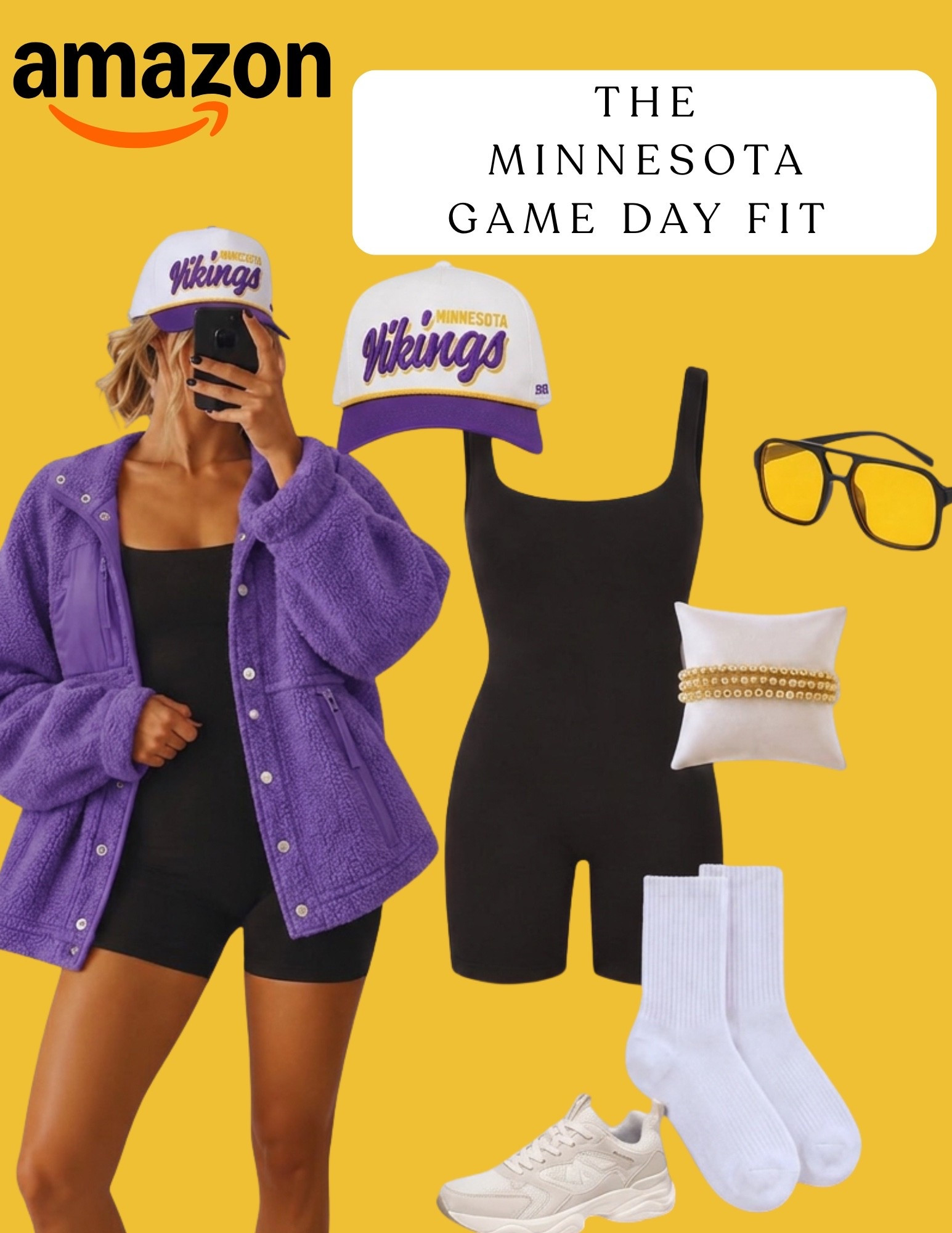 Easy Minnesota Vikings game day outfit inspo featuring a black romper, cozy purple jacket, Vikings hat, sneakers and sporty accessories. The perfect comfortable football outfit for a Vikings game, tailgate or watch party! Shop the full Amazon look 💜

#MinnesotaVikings #GameDayOutfit #FootballOutfit