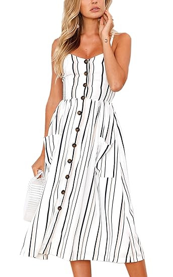 Angashion Women's Dresses-Summer Floral Bohemian Spaghetti Strap Button Down Swing Midi Dress wit... | Amazon (US)