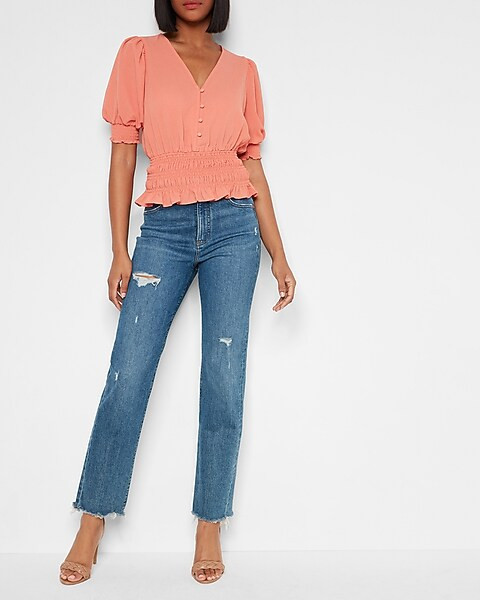 V-Neck Button Front Smocked Waist Top | Express