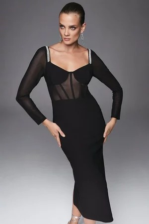Figure Form Mesh Corset Long Sleeve Midi | Karen Millen UK + IE + DE + NL