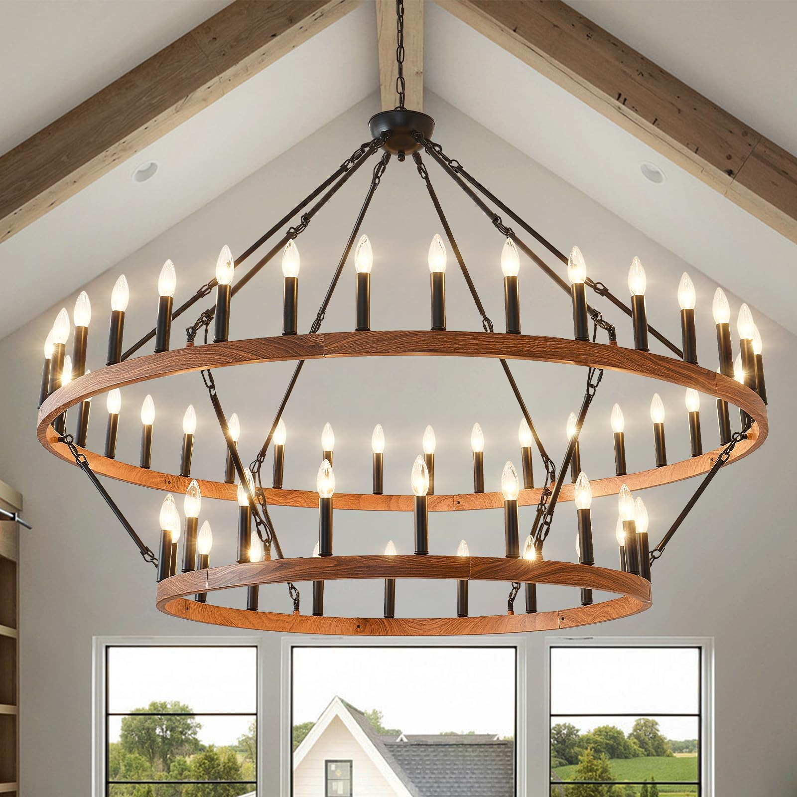 HHR 60" Wood-Grain Surface Double Tier Wagon Wheel Chandelier, 54-Light Extra Large Farmhouse Pen... | Amazon (US)