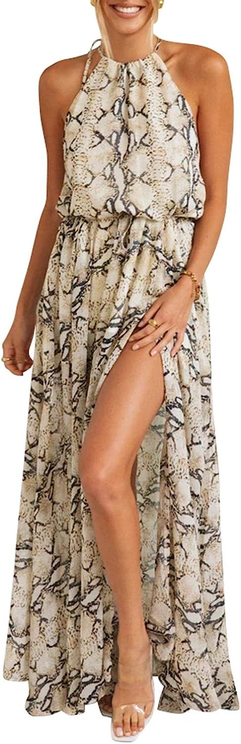 ZESICA Women's Halter Neck Floral Print Backless Split Beach Party Maxi Dress | Amazon (US)