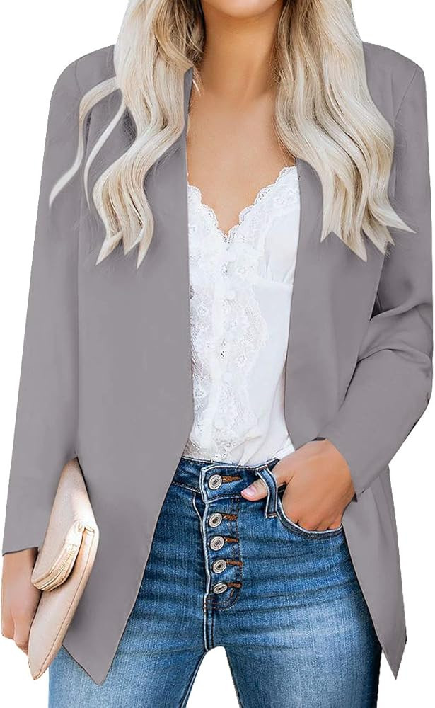 Vetinee Women's Open Front Pockets Blazer Long Sleeve Work Office Cardigan Jacket | Amazon (US)