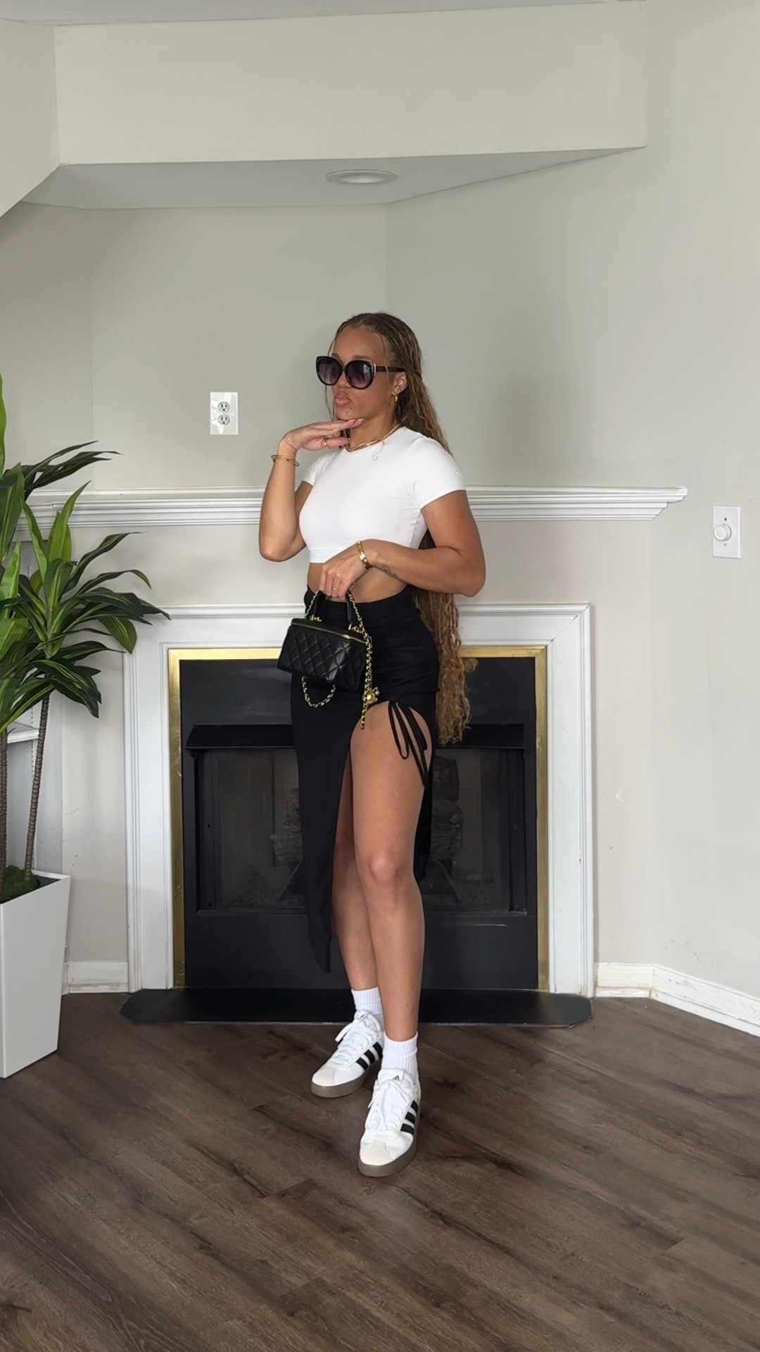 Effortless vibes😍Crop top, high slit skirt, and my favorite Adidas kicks🔥