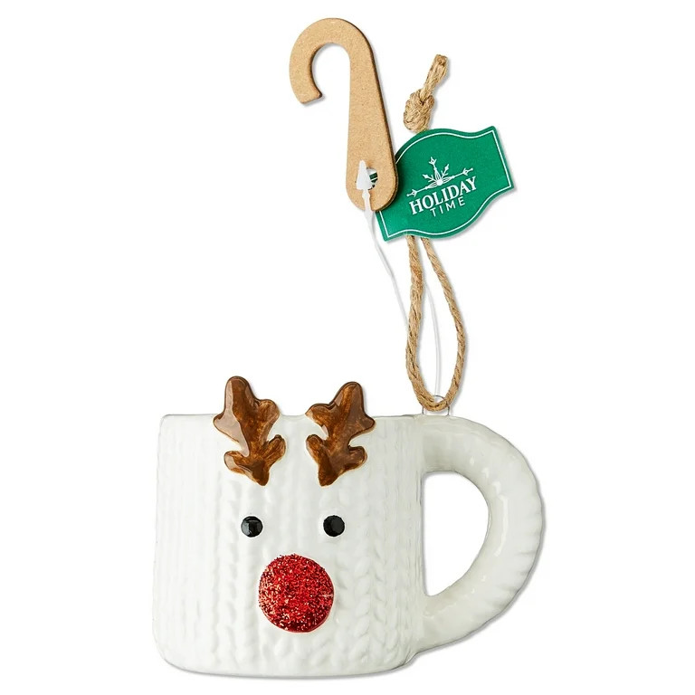 White, Brown, and Red Ceramic Reindeer Mug Christmas Ornament, 3.5", by Holiday Time | Walmart (US)