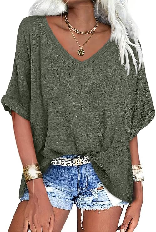 UNCLECAT Womens V Neck Oversized T-Shirts Summer Short Sleeve Loose Tops | Amazon (US)
