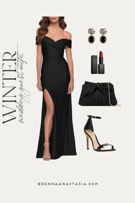 Winter wedding guest outfit idea, holiday party, black gown  

#LTKHoliday #LTKwedding