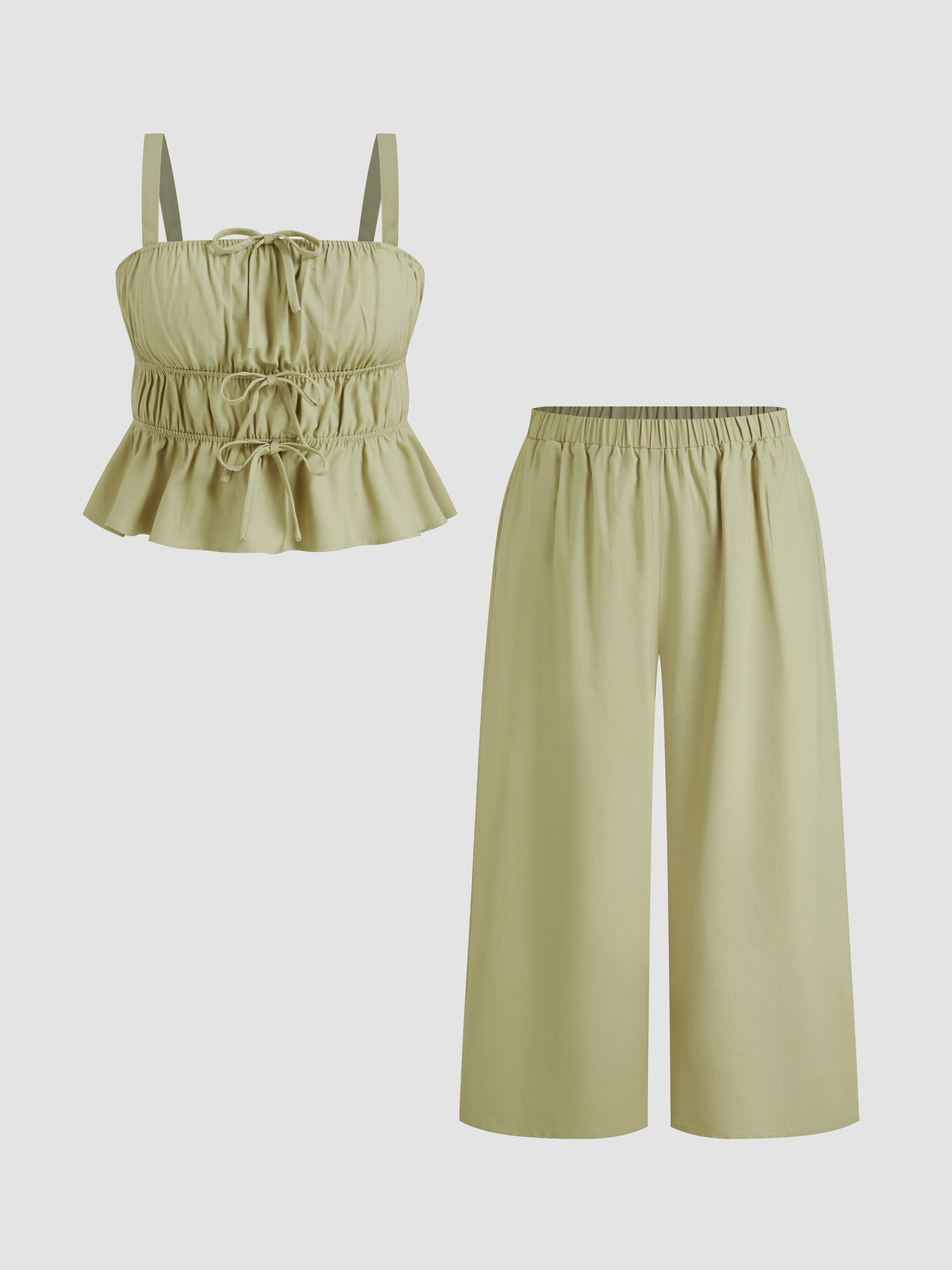 Woven Linen-blend Bowknot Shirred Cami Top & Mid Rise Elastic Waist Trousers Set Curve & Plus For... | Cider