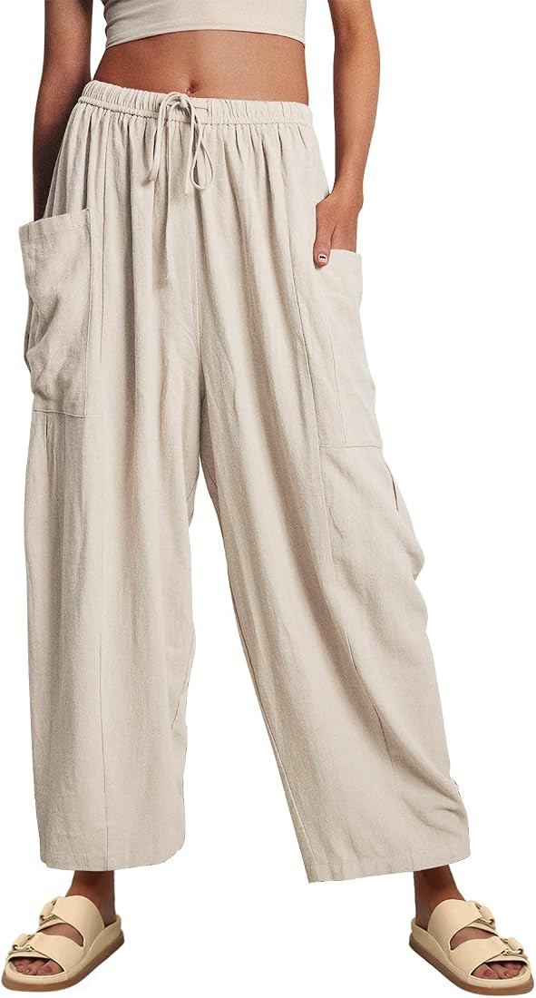 LILLUSORY Women‘s Linen Wide Leg Pants 2023 Casual Loose Lightweigt Beach Palazzo Harem Pants | Amazon (US)