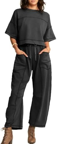 Womens 2 Pieces Sweatsuit Set Cropped Boxy T Shirt Drawstring Wide Leg Pant Travel Tracksuit Casu... | Amazon (US)
