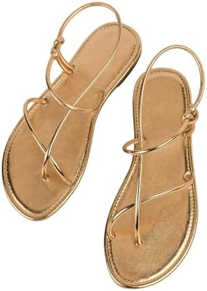 GORGLITTER Women's Metallic Strappy Flat Sandals Open Toe Dressy Summer Beach Thong Slides | Amazon (US)