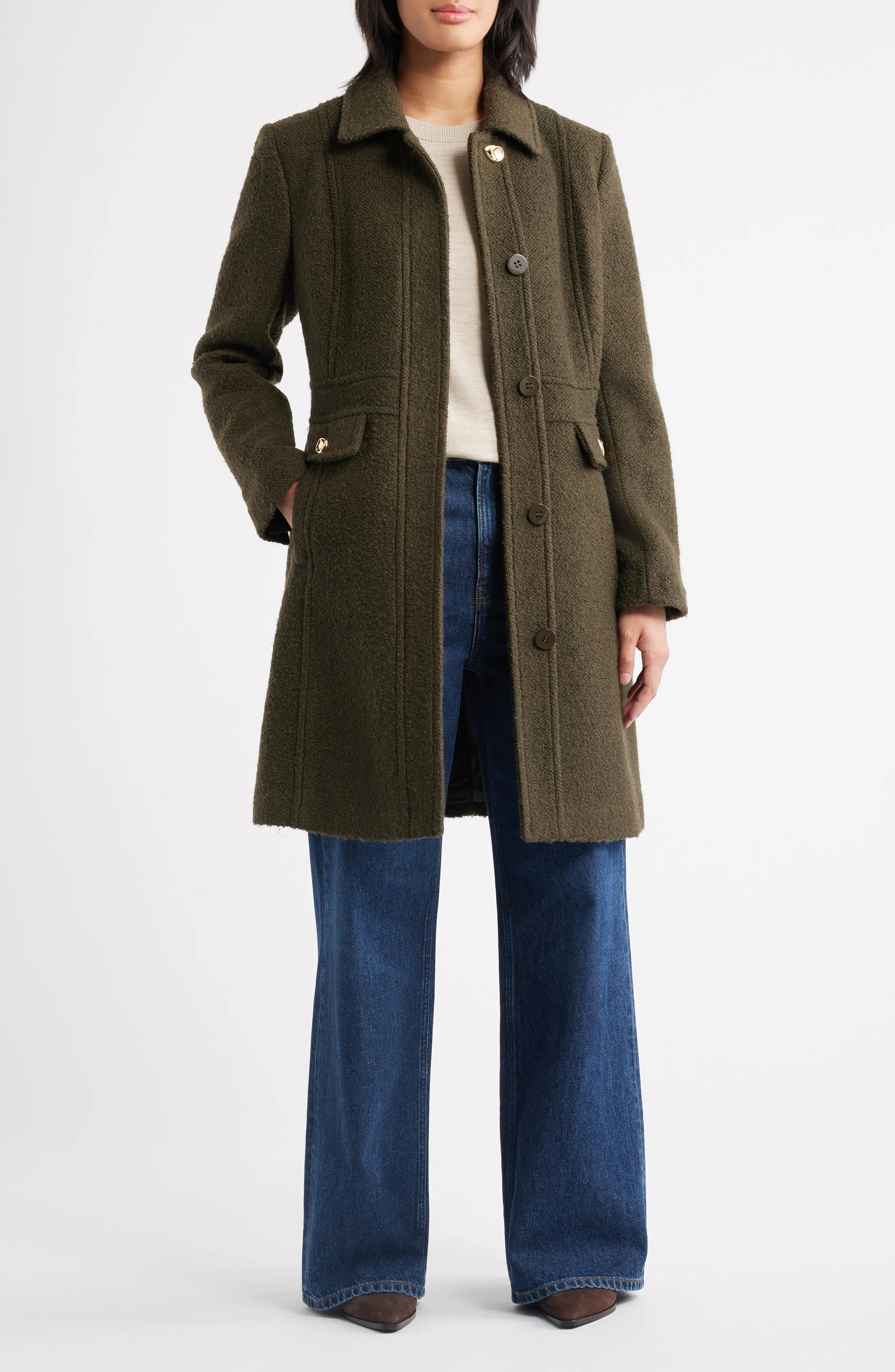 Sam Edelman Inset Waist Bouclé Coat in Camel at Nordstrom, Size Medium | Nordstrom