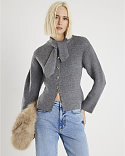 Grey Knitted Tie Neck Cardigan | River Island UK & IE