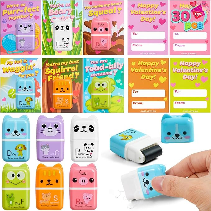 JOYIN 30 PCS Valentines Cards with Animals Erasers and Clean Up Roller for Party Favor Gifts, Cla... | Amazon (US)