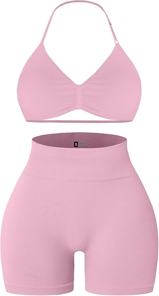 Comper 2 Piece Workout Sets for Women Halter Strappy Sports Bra with Seamless Ribbed Gym Yoga sho... | Amazon (US)