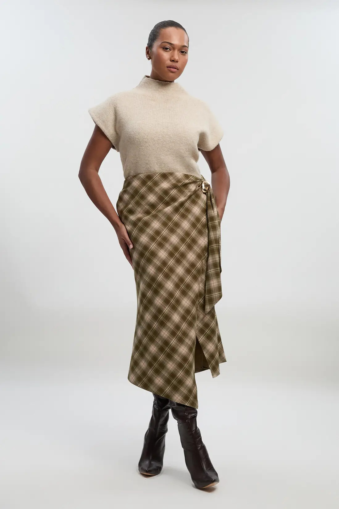 Plus Size Tailored Check Trim Detail Midi Skirt | Karen Millen UK + IE + DE + NL