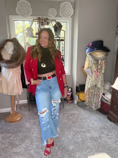 Date night look with red accents. I love the destroyed denim with a structured blazer. My crop top is a packet of 4 tops. 

#LTKfindsunder100 #LTKFestival #LTKstyletip