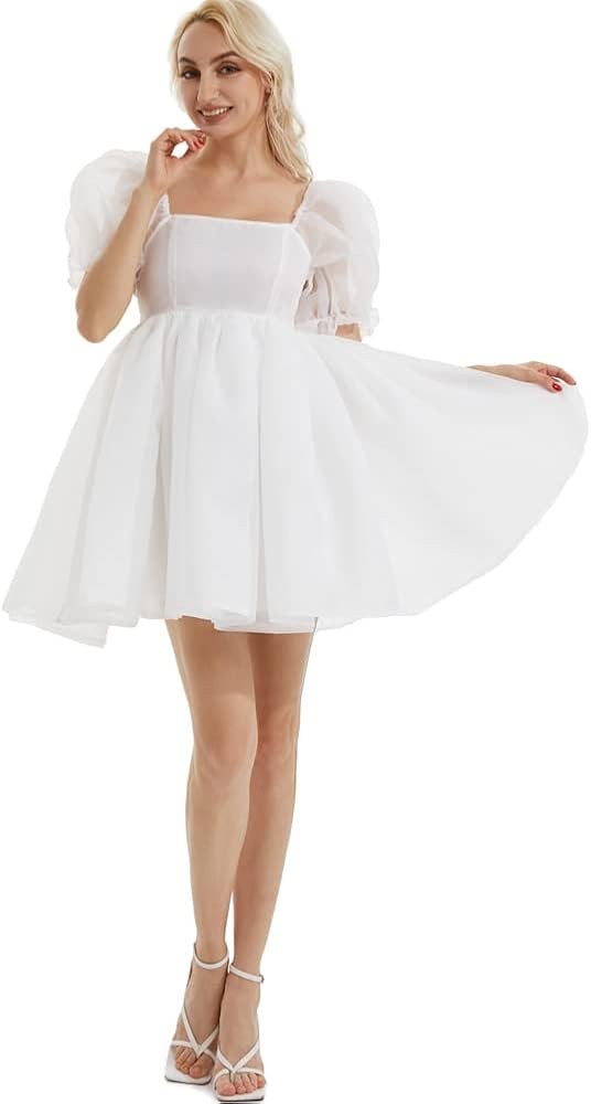 Puff Sleeve Dress Women Mini Prom Dresses White Tulle Wedding Bride Guest Dresses Graduation Festiva | Amazon (US)