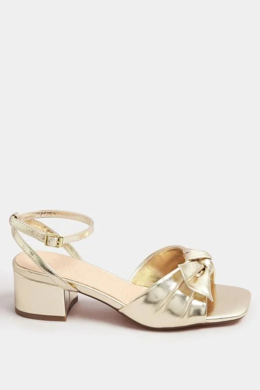 Yours Gold Bow Strap Block Heels In Wide E Fit & Extra Wide EEE Fit | Long Tall Sally