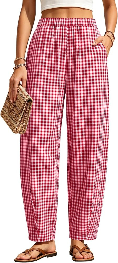 LOMON Women Summer Barrel Harem Pants Baggy Tapered Leg Plaid Gingham Striped Trousers Bottoms wi... | Amazon (US)