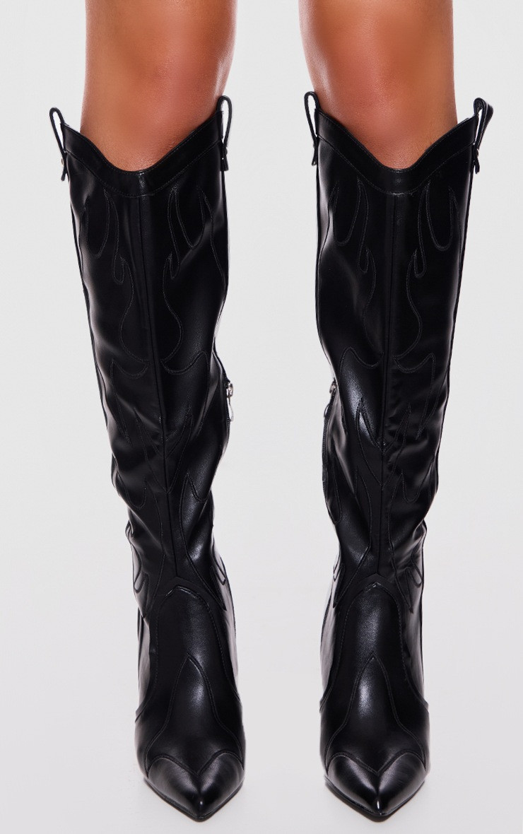 Black PU Point Toe Western Stiletto Heeled Knee High Boots | PrettyLittleThing UK