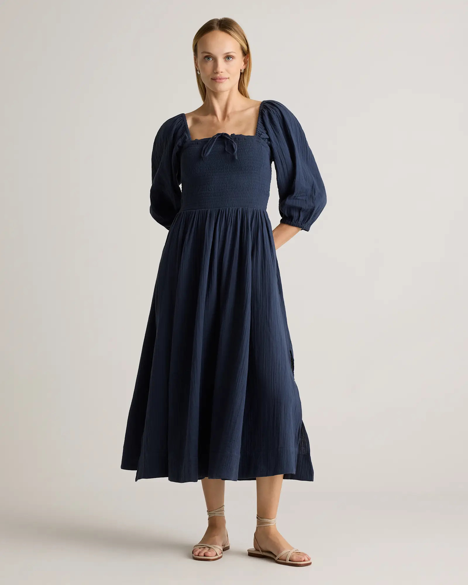 100% Organic Cotton Gauze Smocked Square Neck Midi Dress | Quince