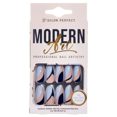 Salon Perfect Artificial Press on Nails 192 Modern Art Blue Swirl Long Almond Glue On Fake Nails File & Nail Glue Included 30 Nails | Walmart (US)
