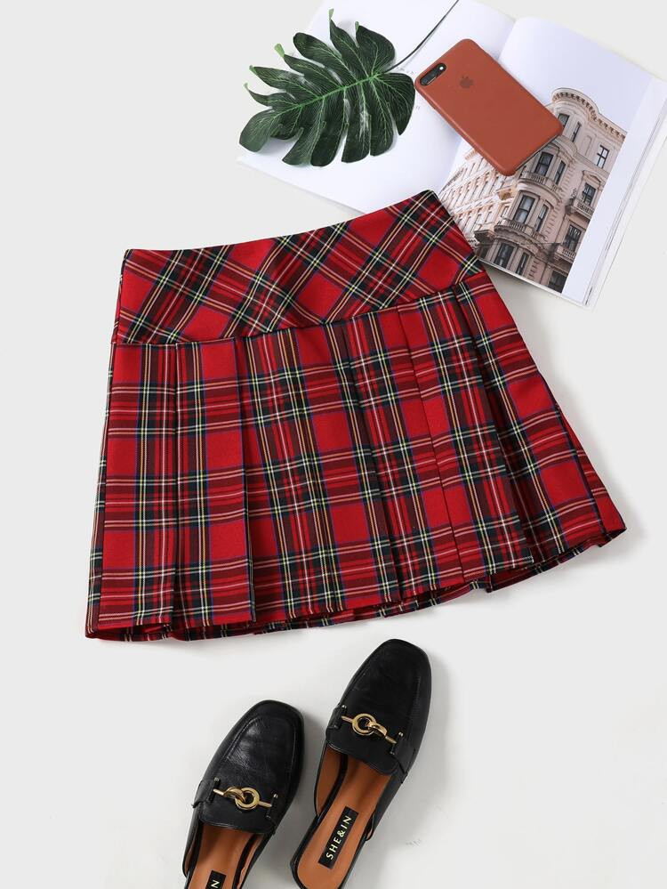 Zip Side Tartan Pleated Skirt | SHEIN