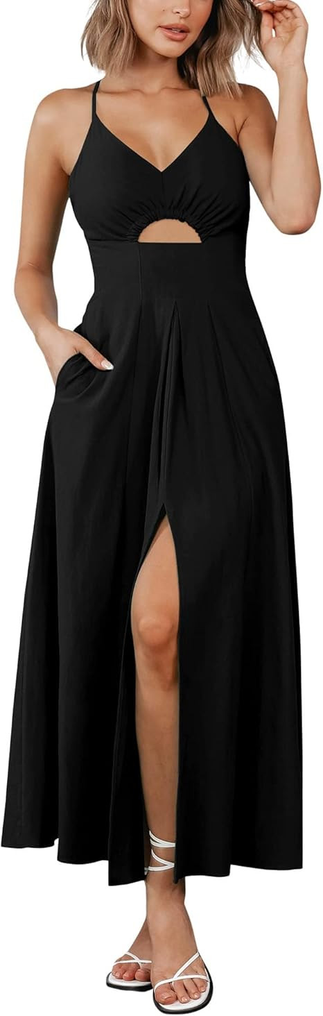 BTFBM Women 2025 Summer Spaghetti Strap Dress Sleeveless V Neck Cutout Slit Casual Beach Party Ma... | Amazon (US)