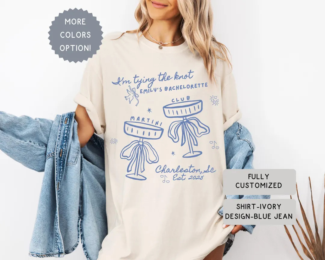 Comfort Colors® Personalized Coquette She's Tying the Knot Shirt, Custom Bow & Martini Bachelore... | Etsy (US)