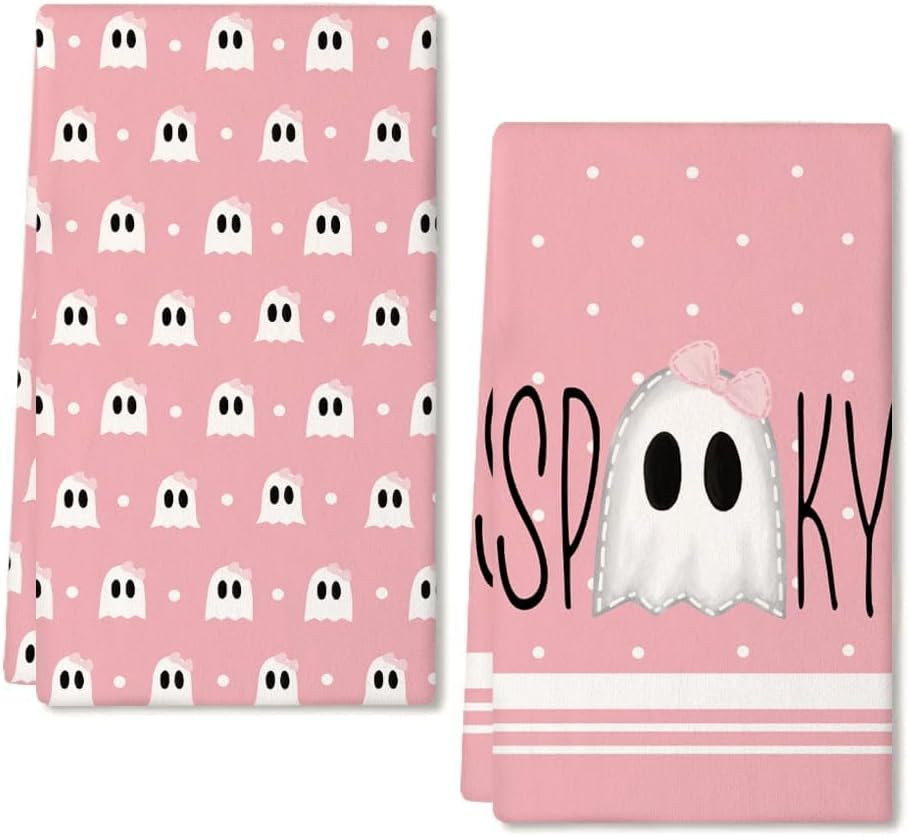 Halloween Kitchen Dish Towels Set of 2,Pink Ghost Bowknot 18x26 Inch Drying Dishcloth,Farmhouse Home Decoration AD112 | Amazon (US)