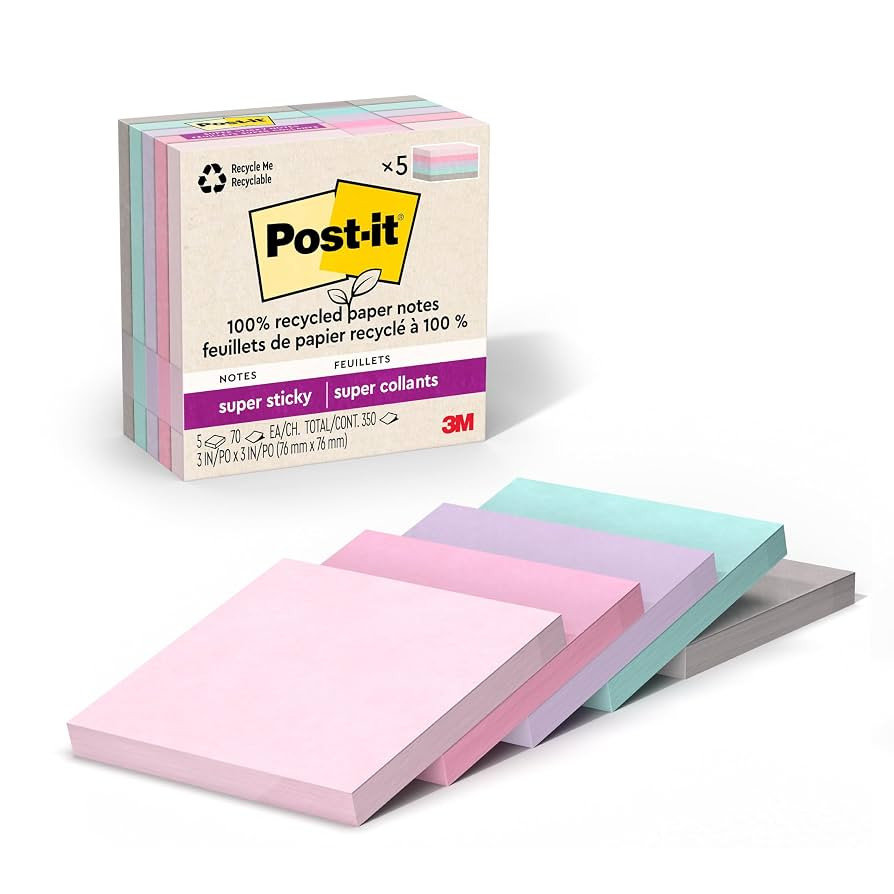 Post-it 100% Recycled Paper Super Sticky Notes, 2X The Sticking Power, 3x3 in, 5 Pads, 70 Sheets/... | Amazon (US)