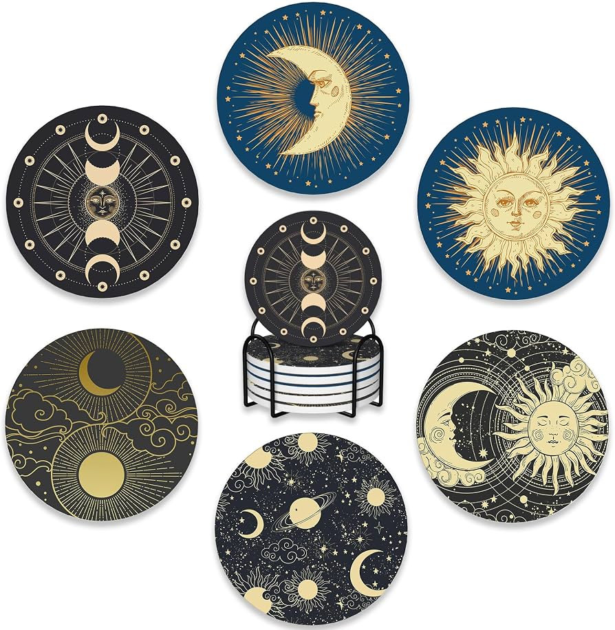 Drink Coasters Set of 6 with Holder,Gold Sun Moon Clouds Stars Absorbent Ceramic Coasters with Co... | Amazon (US)