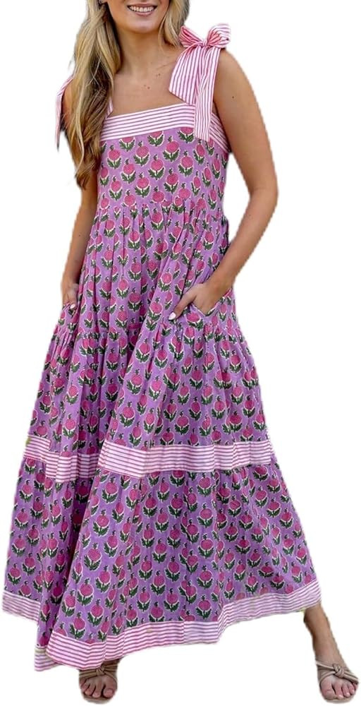 Women Y2k Boho Maxi Dress Tie Shoulder Backless Strappy Tiered Flowy Dress 2024 Summer Floral Bea... | Amazon (US)