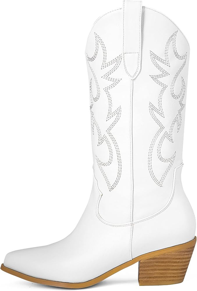 Women's Cowboy Embroidered Western Mid Calf Boots, Pointed Toe Medium Chunky Heel 5cm Stitching Pull | Amazon (US)