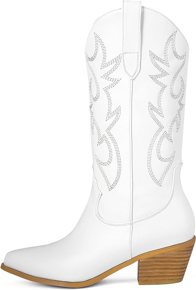 Women's Cowboy Embroidered Western Mid Calf Boots, Pointed Toe Medium Chunky Heel 5cm Stitching Pull | Amazon (US)