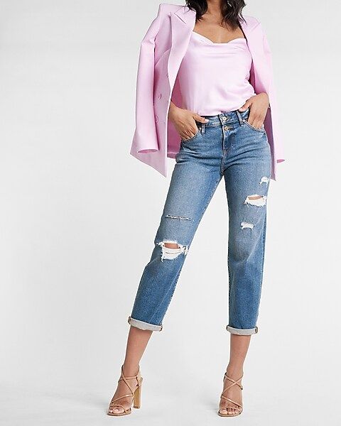 Mid Rise Medium Wash Ripped Boyfriend Jeans | Express