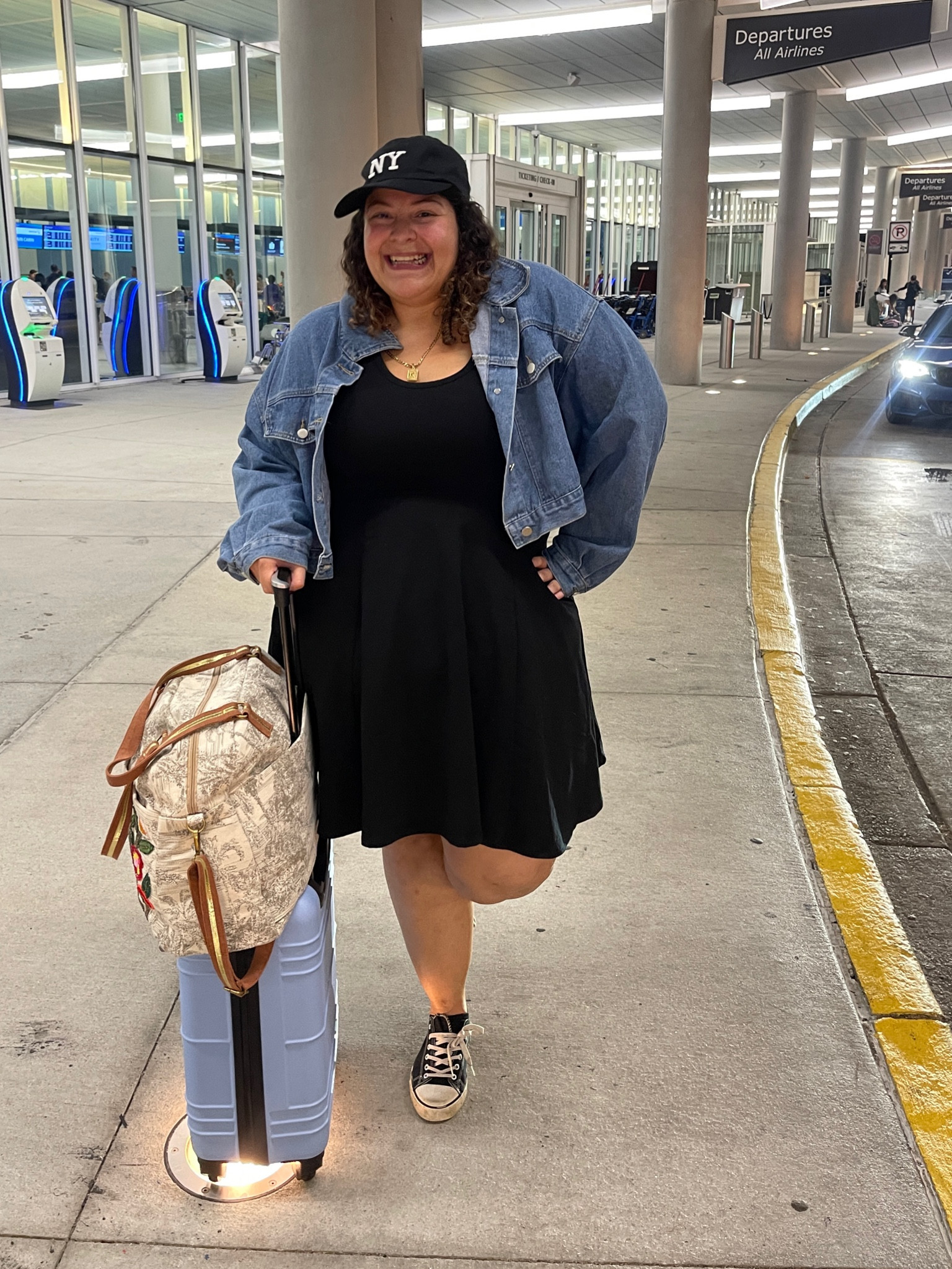 Holiday travels  outfit inspo 🫶🏼

Jean jacket , Black dress , converse ,

Plus size outfit inspo , luggage , cute travel outfit , airport outfit , plus size airport outfit , holiday travels , 

#LTKPlusSize #LTKTravel #LTKCyberWeek